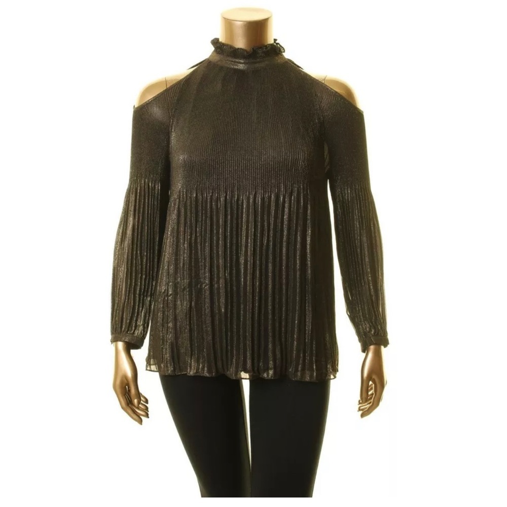 RALPH LAUREN Black/gold Pleated Metallic Blouse